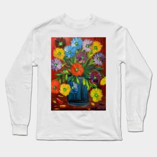 A beautiful of a painting of colorful mixed flowers in a turquoise vase Long Sleeve T-Shirt